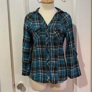 Plaid Cotton Flannel Shirt Teal Green M
